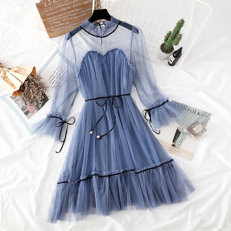 

Women Dress 2019 Spring Fashion Flare Sleeve Contrasting Trim Sweet Mesh Dress With Pearl Stopper Belt Ladies Elegant Midi Dress