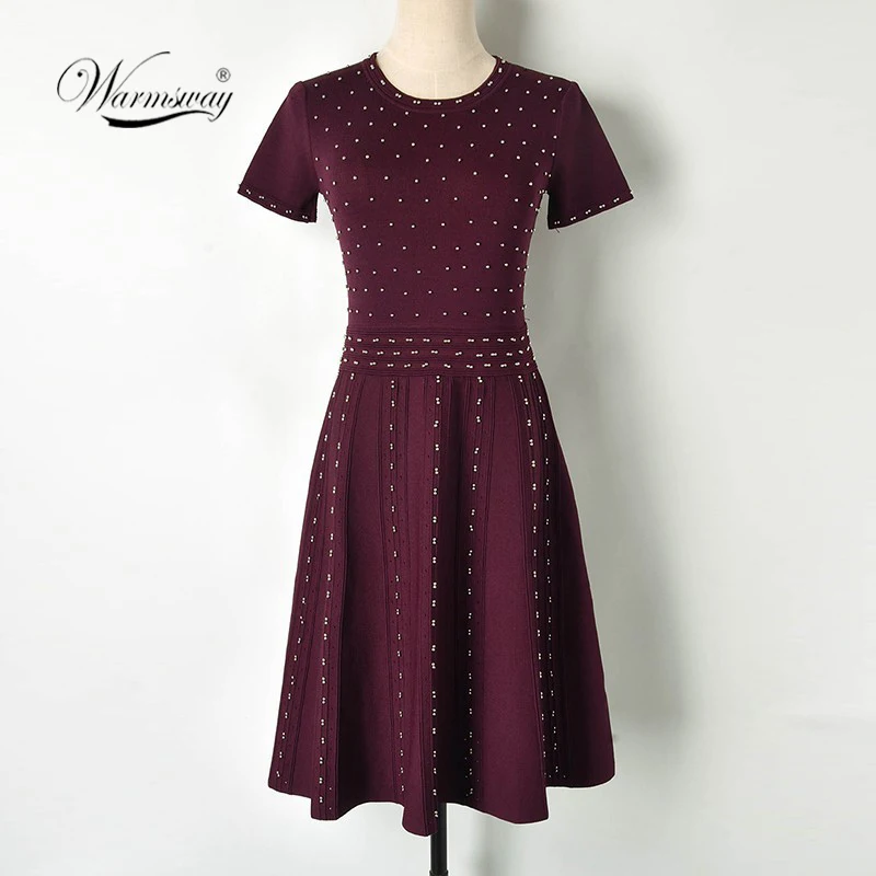 

robe femme Elegant Knitted Dress Female 2019 Autumn O neck Luxury Beaded Short Sleeve Wine Red Sweater Dress Women Tunic C-352