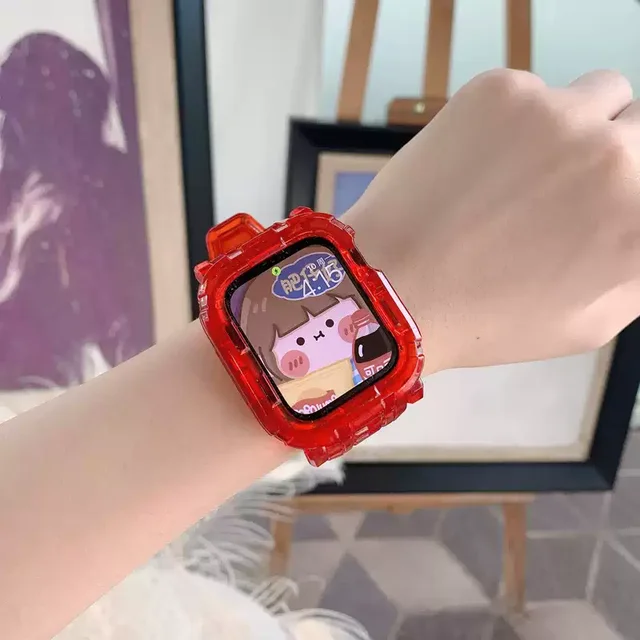Newest Clear Band + Case for Apple Watch Series 7 6 SE 5 4 44mm 42mmTransparent for iwatch Strap 3 2 1  38mm 40mm Plastic Strap Red