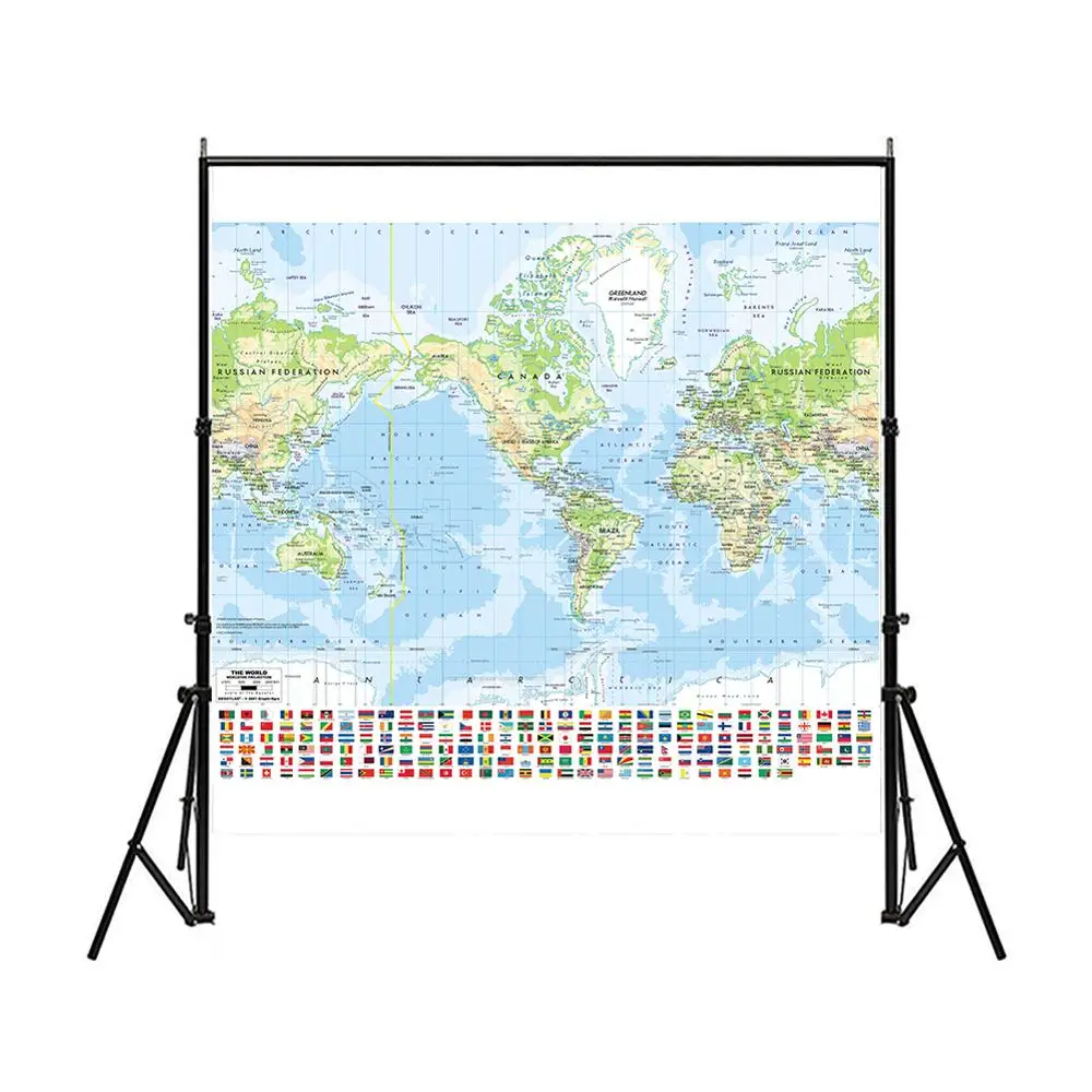 Проекционная карта Меркатора мира с национальным флагом 150x150 см Нетканая водонепроницаемая карта мира для образования