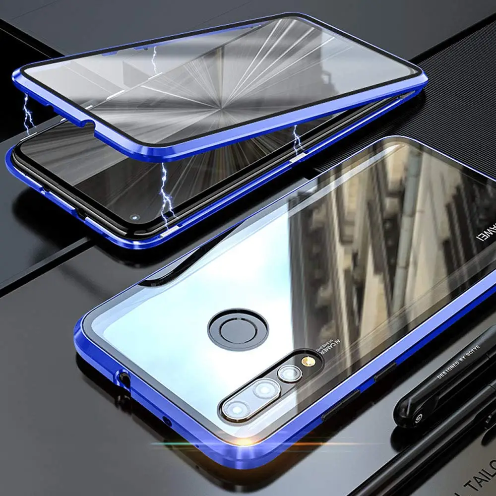 Роскошные магнитные поглощающие металлические флип-Чехлы для huawei Nova 4 Nova4 Передняя Задняя Двусторонняя стеклянная крышка для телефона huawei Nova4 бампер - Цвет: Blue  Double Glass