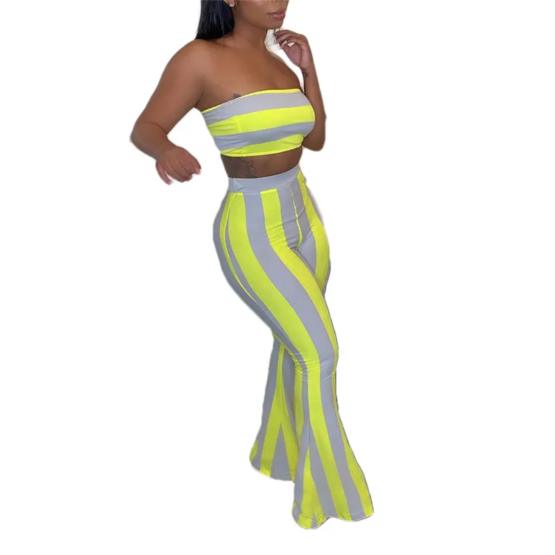 2020 Women Casual Striped Set Strapless Tube Tops+Flare Pants Bell Bottoms 2PCS Fashion Ladies Outdoor Summer Clothing S-2XL