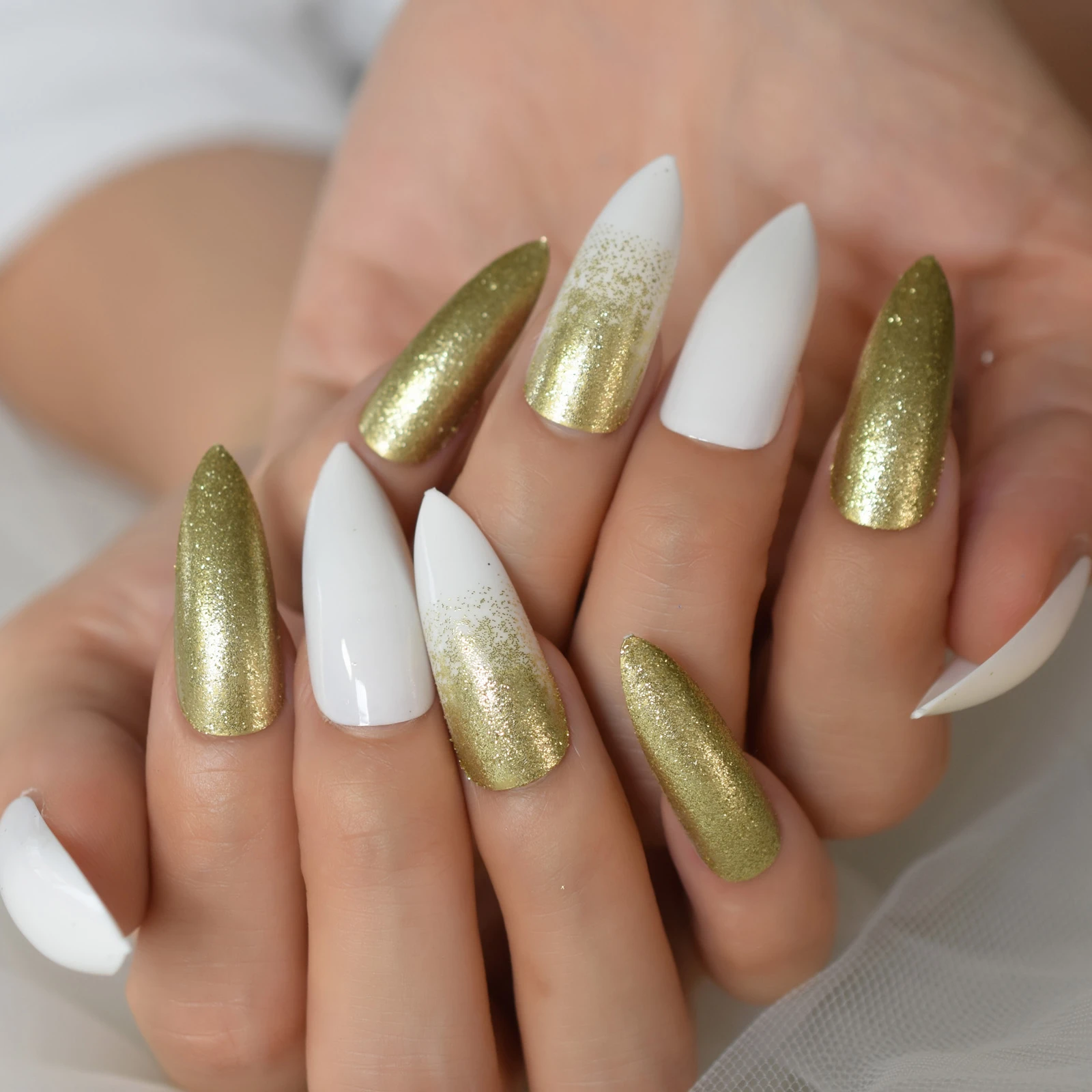 White Extra Long Stiletto Fake Nails Gold Glitter Gradient Shimmer Ladies Fingernails  Manicure Tips For Party 24pcs - False Nails - AliExpress