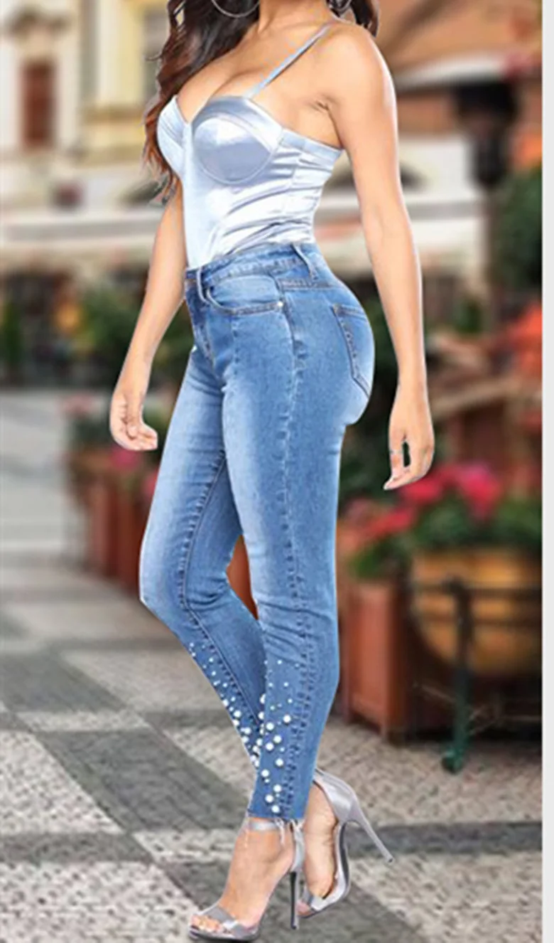 Women's Beaded Jeans Light Blue Skinny Pencil Jean High Street Elegant Europe America style Pants Fashion Trousers