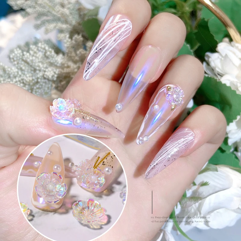 10pcs Semi Transparent Resin Flowers Aurora Ab Coloful Nail Art Decorations 3d Daisy Rose Flower Nails Accessories Diy Manicure Rhinestones Aliexpress 