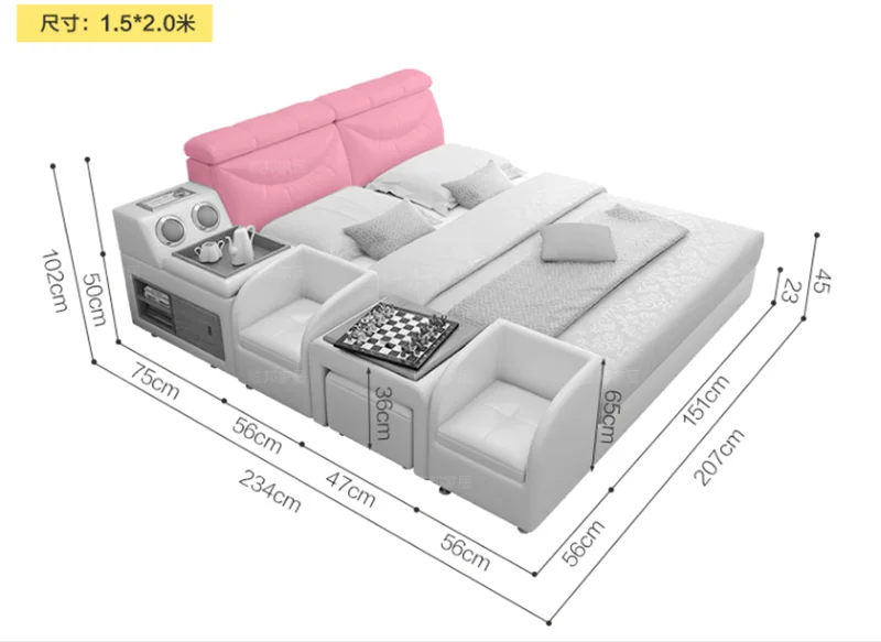 Многофункциональная дизайнерская мебель для спальни из натуральной кожи татами розовая двуспальная кровать с детской кроваткой