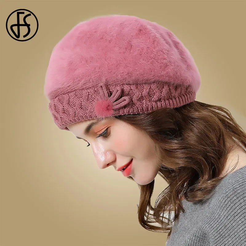 Dark Pink FS женская зимняя шапка, винтажные красные береты, шерстяные шапки, шапка с большим цветком для девушек, Boinas Mujer, модные женские шапки-бини, берет для женщин - Цвет: Dark Pink