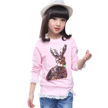 

Teenage Girls T-shirt Spring Autumn Long Sleeves Children Tops Tee Rabbit Sequins Bottoming Shirt For Kids Girls Clothes