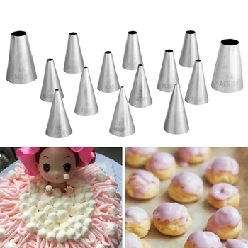 

Free Shipping 14PCS Stainless Steel 18/8 Round Piping nozzles set Cakes Cupcakes Decorating Icing Tips set