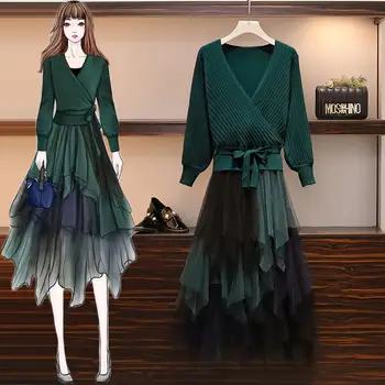

Women Plus Size 4Xl 2 Piece Set Long Sleeve Knitted Tops And Mesh Elastic High Waist Cake Skirts Elegant Korean Office Lady Suit