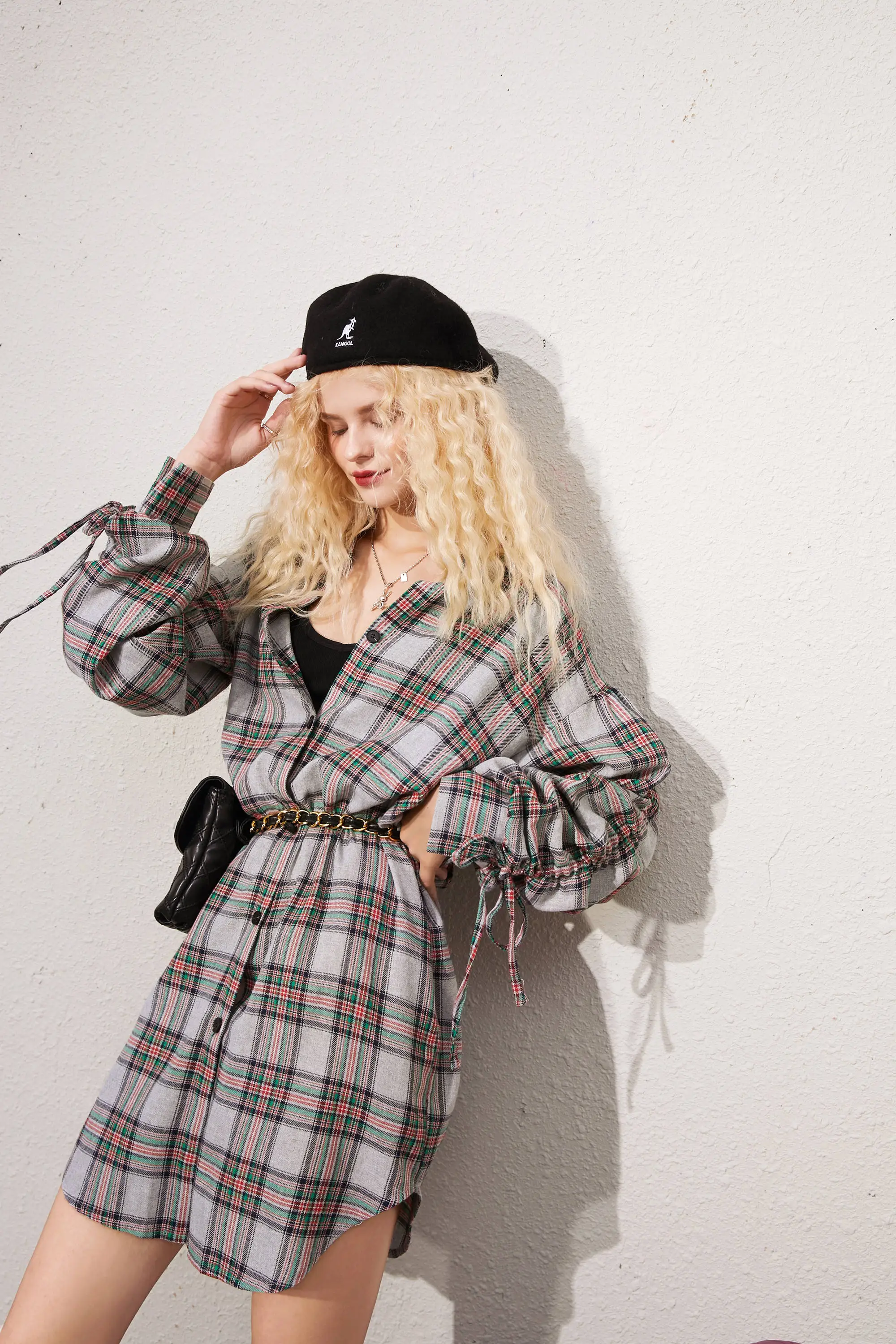 ELFSACK Plaid British High Waist Chiffon Shirt Dress Women,2020 Autumn ELF Vintage Lace Up Korean Ladies Daily Preppy Dresses