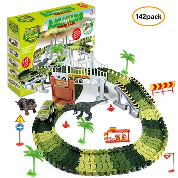 

142pcs Dinosaur Rail Car Assembly DIY Roller Coaster Electric Children Building Blocks Toy Rail World Car Track Set