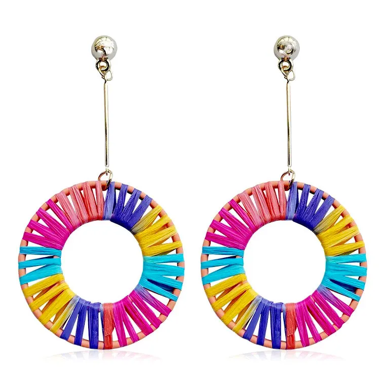 

Europe And America Hand-woven Segment Dyed Color Raffia Earrings Geometry Circle Long Alloy Earrings Accessories Women's