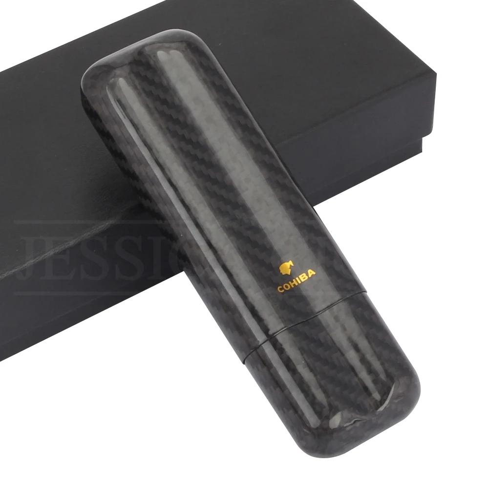 

COHIBA Travel Humidor Cigar Case Carbon Fiber Outdoor Ultra Light Mini 2 Tube Holder Cigar Humidor Box Portable Christmas Gift