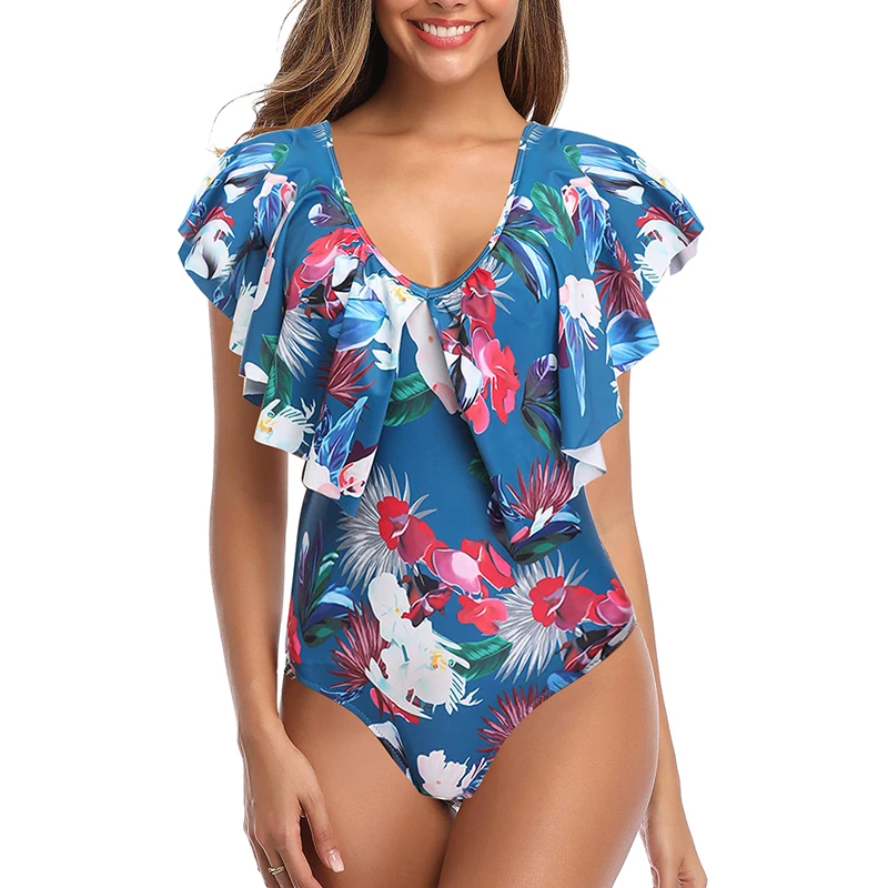 

2020 New Women Sexy Deep-V Neck One Piece Swimsuit Female Vintage Retro Swimwear High Bandage Ruffle Backless Monokini