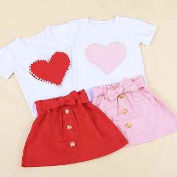 

2020 Baby Summer Clothing Set 1-5 Year Infant Kid Clothes Pearls Heart Top Shirt+Skirt 2Pcs Set Girls Outfit
