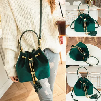 

Singapore Small Ck2-50780389 Velvet Bucket Bag Metal Drawstring Tassels Decoration Hand Single-shoulder Bag for Women