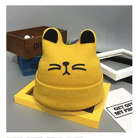 B-Yellow Hylidge/милые зимние шапки с ушками для девочек; шапка для новорожденных; шапка для малышей; шапка с рисунком собаки, кошки, медведя; зимняя шапка для детей; вязаный свитер; шапка - Цвет: B-Yellow