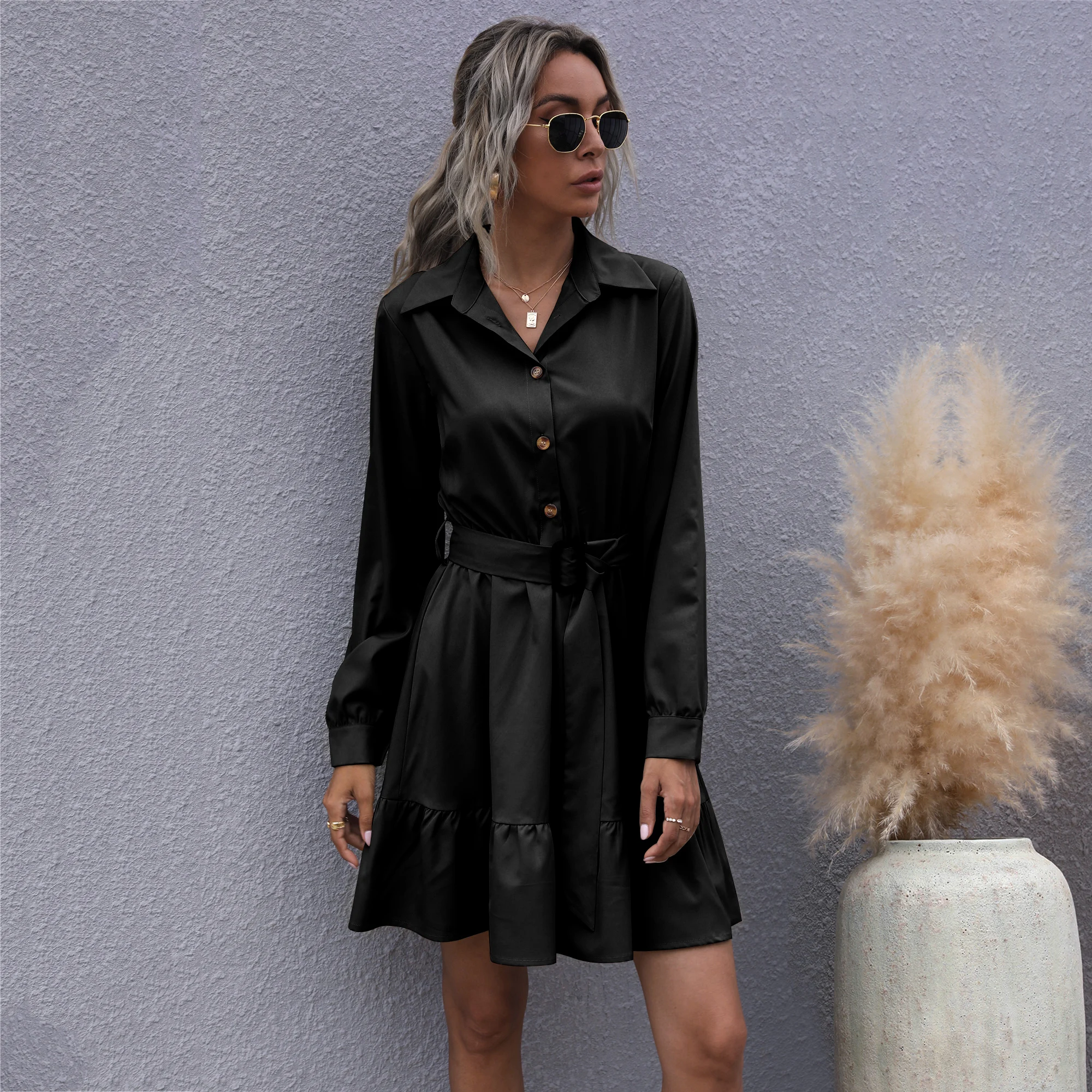 

2020 new ladies dress fall/winter lapel OL commuter solid color with belt long sleeve fashion slim pleated dress