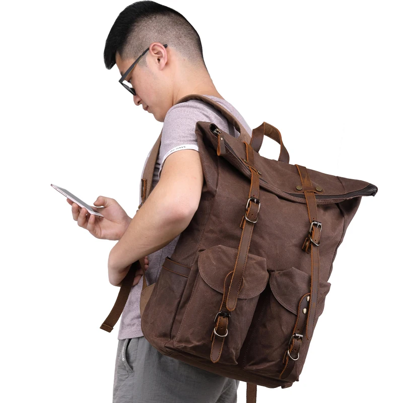 Nesitu Highend New Large Capacity Vintage Army Green Coffee Grey Wax Canvas 15.6'' Laptop Women Men Backpack Travel Bag M7173 | Багаж и