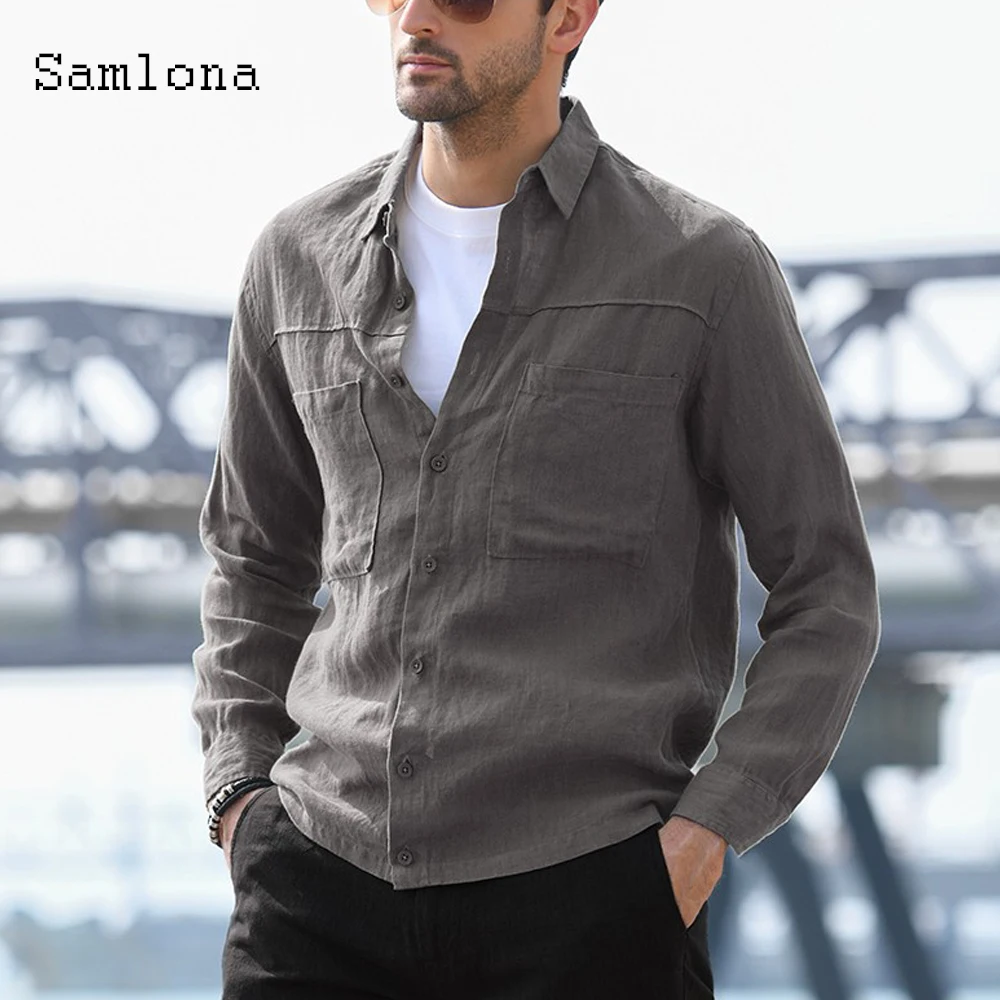 

Solid Color Tops 2020 Mens Summer Blouse Autumn Casual Shirts Male Turn-down Collar Long Sleeve Tunic Shirt blusas Plus size 4xl