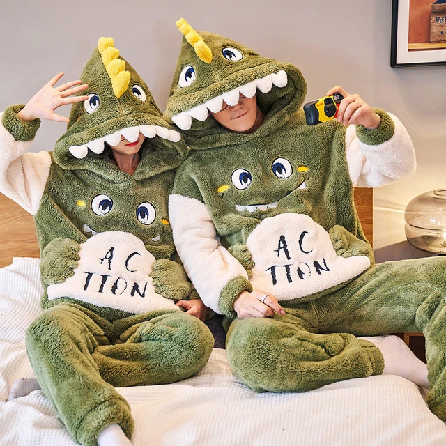 Conjuntos de pijamas para parejas para hombres y mujeres, ropa de dormir  gruesa de invierno, ropa de dormir de dinosaurio de dibujos animados,  amantes coreanos, ropa de casa suave y cálida