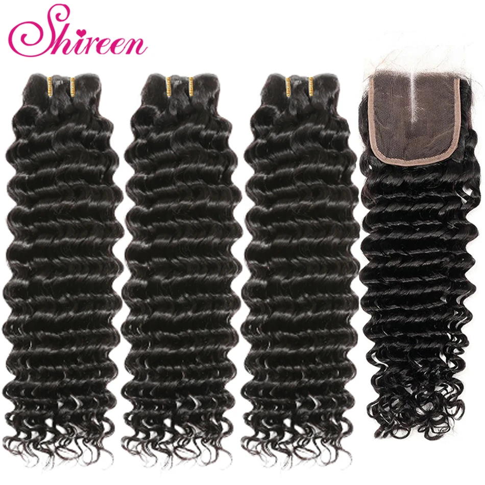 

Brazilian Deep Wave Bundles With Closure 4*4 Free part Human Hair Bundles Weave Remy Hair Natural Black Color Closure weave