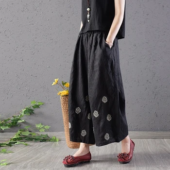 

NINI WONDERLAND 2020 Spring Embroidery Cotton Linen Wide Leg Pants Women Solid Loose Trousers Female Summer Ankle Length Pants