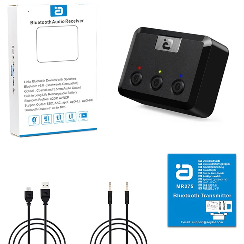 

Bluetooth 5.0 Transmitter 2 in 1 Wireless Adapter HD Audio 3.5mm Low Latency Optical RCA AUX for PC Computer TV Car Music Stereo