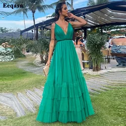 Eeqasn Simple Green Layered Tulle Prom Dresses Long Saudi Arabia Formal Evening Party Gowns Dubai Backless Open Prom Gowns 2022