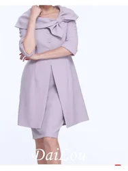 Two Piece Mother of the Bride Dress Wrap Included Scoop Neck Knee Length Satin Half Sleeve with Bow(s) Ruffles Ruching 2021