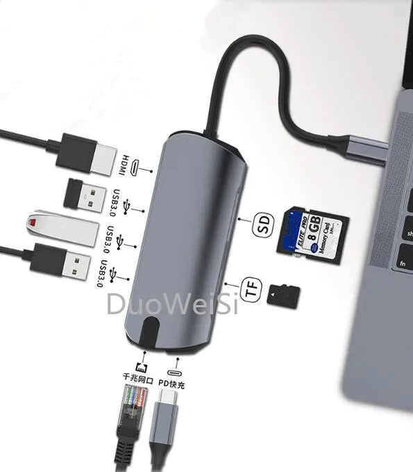 

8 in 1 USB-C hub type-c hub to gigabit wired network card docking station 3-port usb hub aluminum alloy hub USB 3.0 PD HDMI