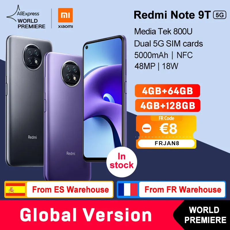 Смартфон Xiaomi Redmi Note 9T 5G 4 Гб 64 Гб/128 ГБ Dimensity 800U глобальная версия NFC 5000 мАч камера 48