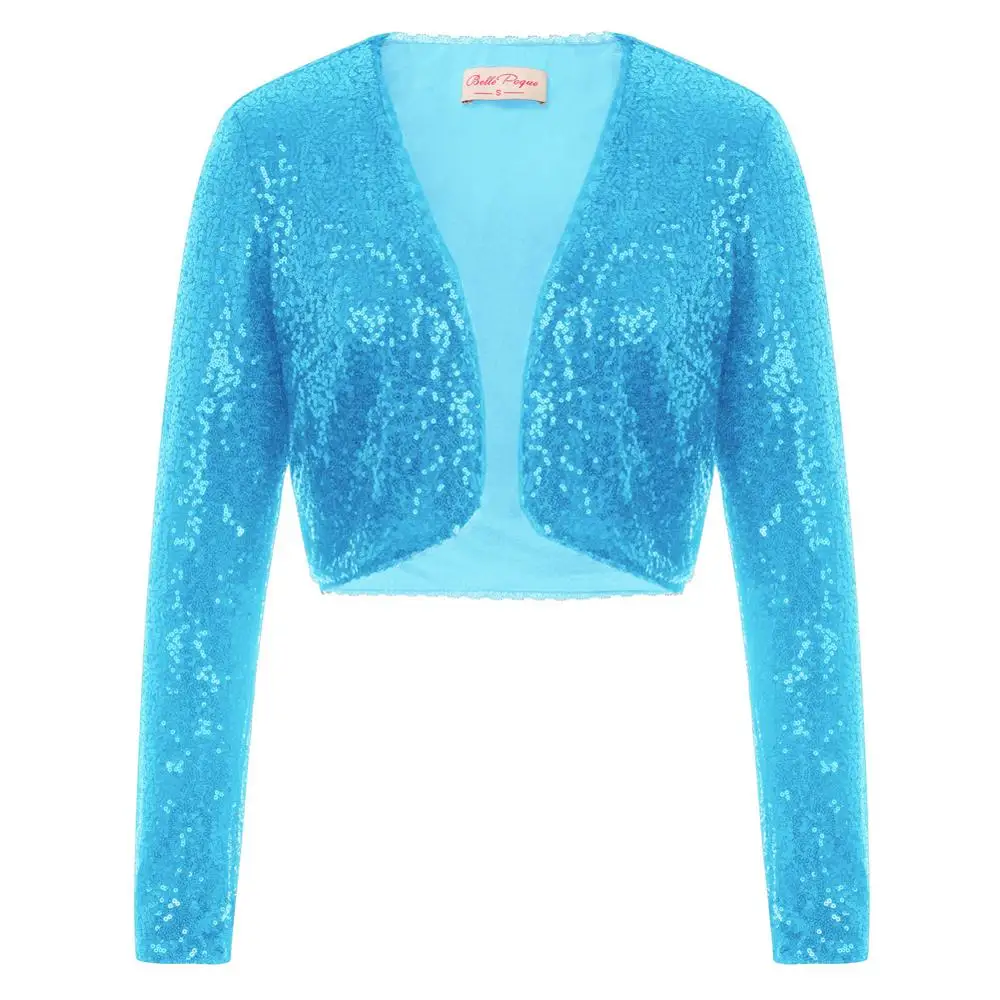 Sky Blue Belle Poque, Модный женский кардиган, блестящий, расшитый блестками, сплошной цвет, длинный рукав, укороченная длина, открытая спереди, пальто, топы, болеро, болеро - Цвет: Sky Blue