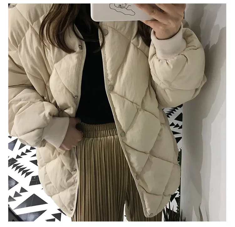 

2019 Winter New Style Korean-style CHIC Elegant Hong Kong Style Rhombus Plaid Thick Solid Color Stand Collar Cotton Overcoat Wom