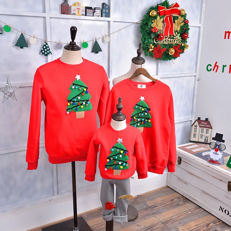 Christmas family couple parent-child sweater winter plus velvet round neck ball Christmas tree sweater class service custom - Color: Red