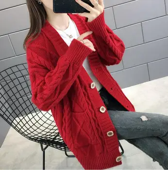 

Autumn Women Cardigan Sweater Top Long Sleeve Loose Mid-long Knitted Sweater Cardigan All-match Female pull femme