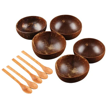 

12-15cm Coconut Bowl Set Handmade Coconut Shell Tableware Wood Spoon Dessert Fruit Salad Mixing Bowl Rice Ramen Bowl