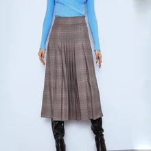 ZA Autumn and Winter New Women's High Waist Skirt Wide Pleated Plaid Skirt Side Stitch Dark Zip Closure