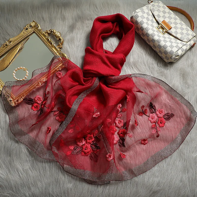 Модный Шелковый кашемировый женский шарф Цветочная вышивка пашмины Шарфы Хиджаб Женский платок шали обертывания мягкие шерстяные палантины
