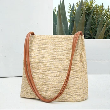 

Fashion Rattan Woven Women's Handbag Summer Beach Shoulder Bag Large Capacity Tote Bag Handmade Knitted Straw Bags for Women New