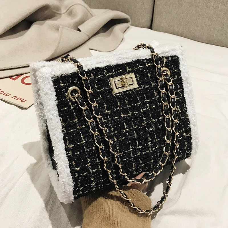 

Elegant Female Contrast color Tote bag 2019 Winter New Quality Woolen Women's Designer Handbag Lock Chain Shoulder Messenger Bag