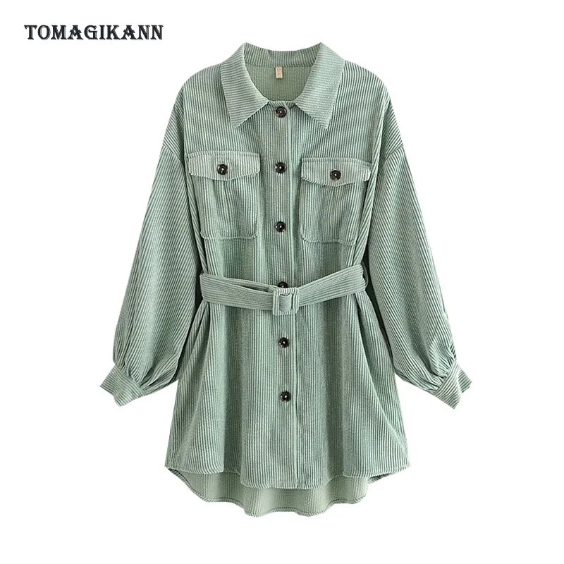 

Corduroy Women Blouse and Tops Solid Vintage Turn Down Collar Waist Belt Shirt Office Lady Autumn Feminina Blusas