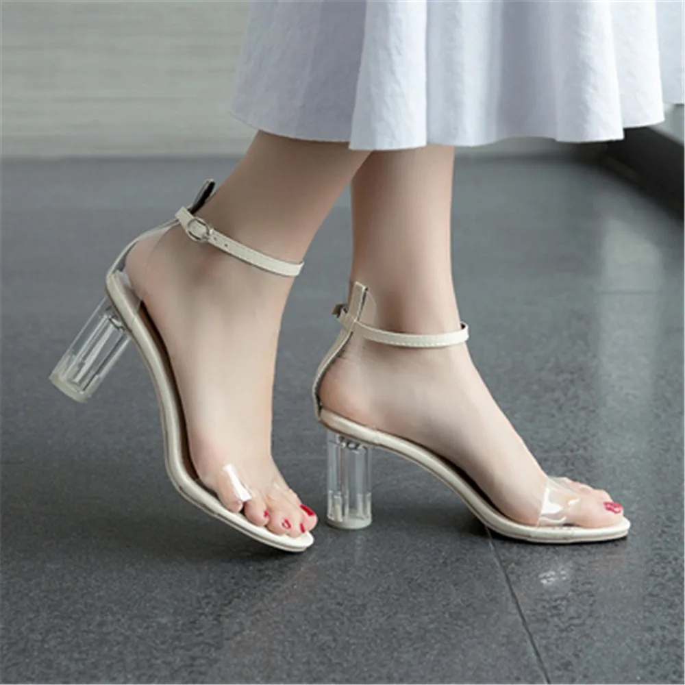 

2024 PVC Sandals Fashion Women Heeled Peep Toe 7CM Perspex Heel High Heels Sandals Lady Nightclub Shoes Black Yellow Beige 34-39