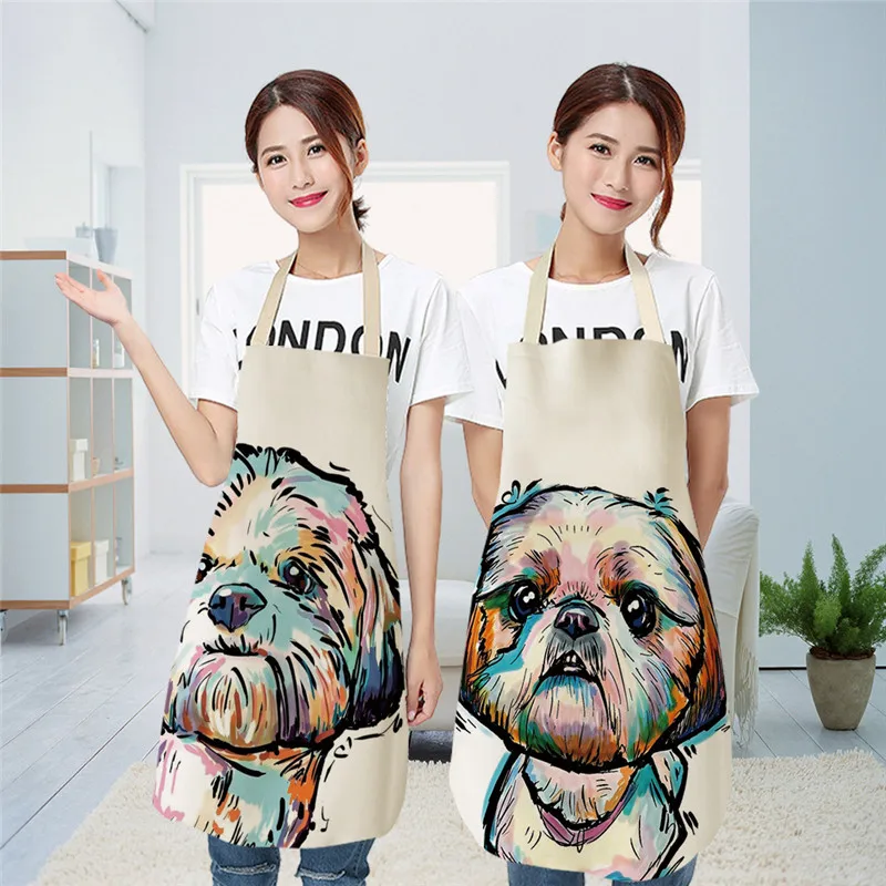 Kitchen Aprons Cotton Linen Aprons Lovely Dog for Women Sleeveless Home Cooking Baking Bibs Cleaning Tools 66x47cm 47x38cm