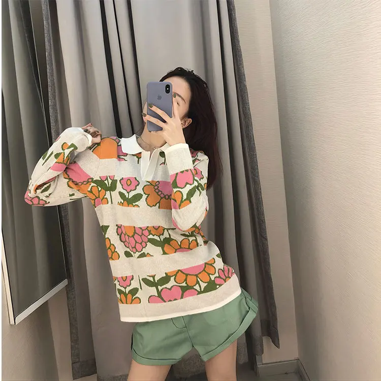 

2019 Autumn Sweaters Colorful Fashion Style Knitted Women Pullovers Turn-down Collar Computer Knitted Clothes Women Sweaters