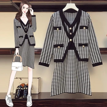 

Autumn Knitted Sweaters Houndstooth 2 Piece Set Runway Women Plaid Cardigan Tops + Vest Dress Two Piece Set Plus Size Knit Suit