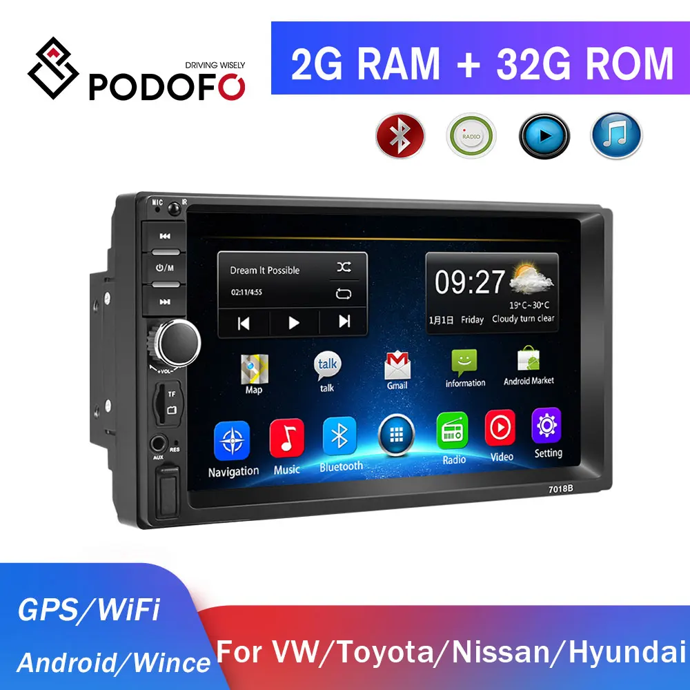 Podofo 2 din Автомобильный Радио Android автомобильный мультимедийный плеер GPS Din Авторадио для Volkswagen skoda Toyota Nissan hyundai