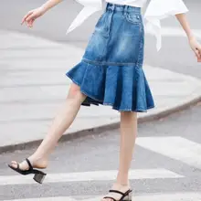 Women Denim Skirts Sexy package Hip Trumpet Skirts High Waist Short Skirt Fashion irregular S-3XL DV864