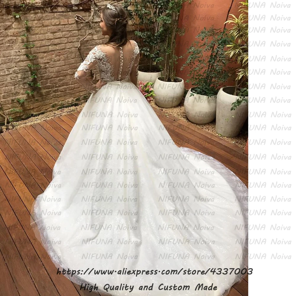 Прозрачное платье невесты из тюля Vestido de Noiva свадебное платье Элегантное кружевное длинный рукав с бисером свадебное платье халат Mariage